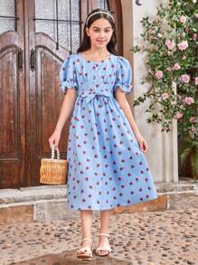 SHEIN Tween Girls' Sweetheart Collar, Puff Sleeve, Decorative Button, Ditsy Floral Printed Dress