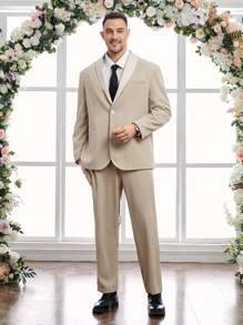 Manfinity VCAY Men's Plus Size Woven Casual Suit 2pcs/Set - Apricot - View 4