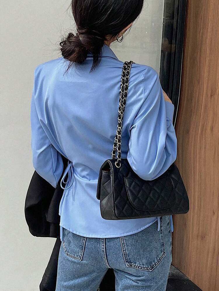 Solid Color Business Casual Long Sleeve Cinched Waist Women Blouse,Long Sleeve Tops,Fall Clothes