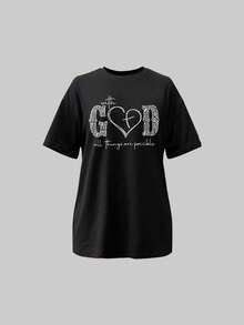 SHEIN Slayr 女性短袖t恤,標語和心形印花設計 - 黑色 - 查看 3