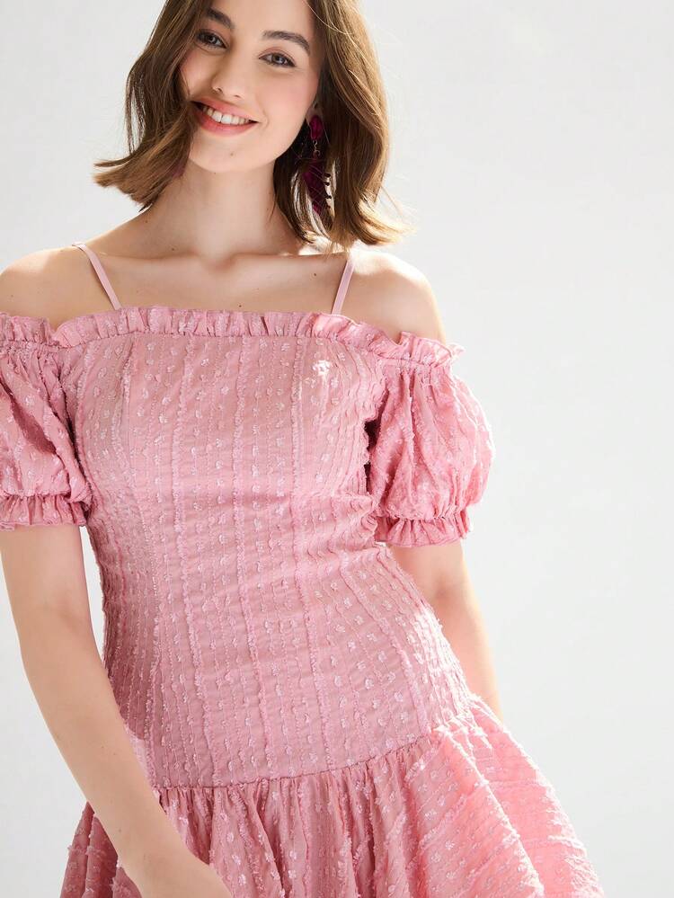 Ladies' Swiss Dot Cold Shoulder Puff Sleeve Bubble Hem Dress, Summer Dress