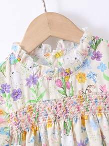 SHEIN Vintaside Kids Young Girls' Lovely Grass And Flowers Printed Bunny Dress For Summer,Holiday,Summer,Travel - Multicolor - View 6