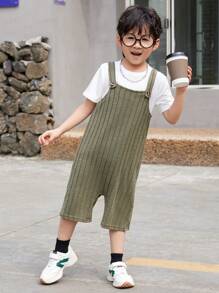 SHEIN Young Boy Solid Color Ribbed Knitted Jumpsuit - Army Green - View 1