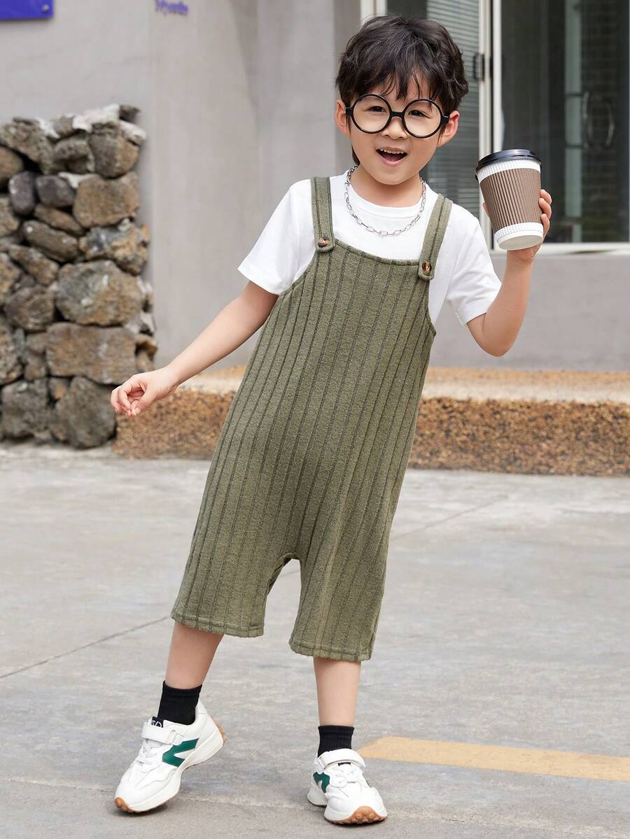SHEIN Young Boy Solid Color Ribbed Knitted Jumpsuit - Army Green - View 1