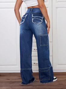 SHEIN EZwear Embroidered Zipper Fly Denim Wide Leg Pants - Medium Wash - View 2