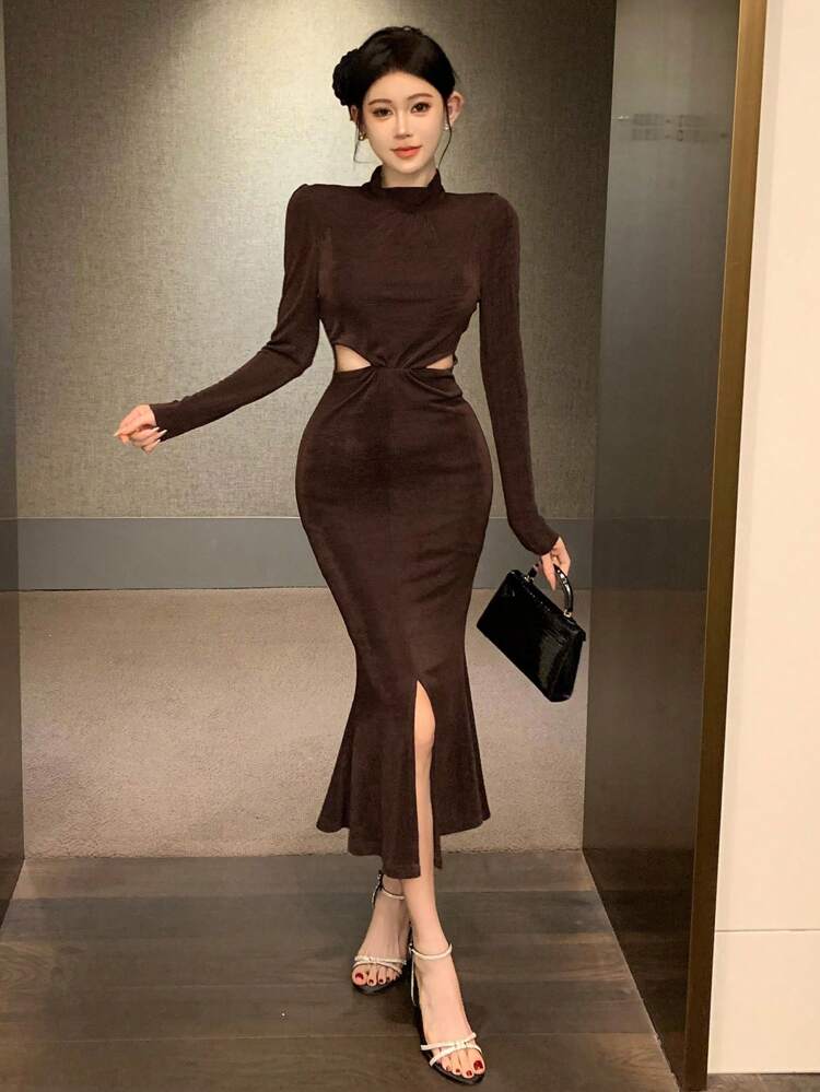 Women's Puff Sleeves Off Shoulder Waist Cutout Dress, Birthday Prom Dress,Fall Clothes Long Sleeve Dress Elegant Women Dresses