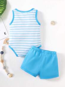 SHEIN Playful Pals Bộ đồ hai mảnh cổ tròn sọc bé trai & quần short cho mùa xuân hè - Màu xanh lam - Xem 2
