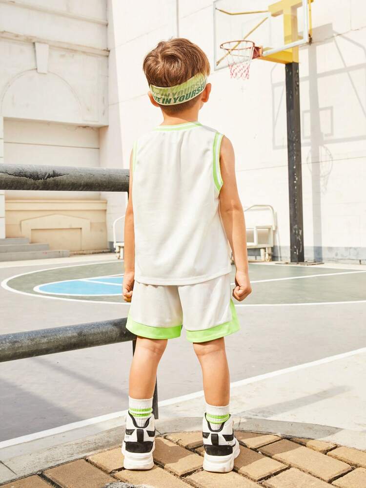 Young Boy's Colorblock Letter Patterned Top And Shorts Set For Casual Outfit