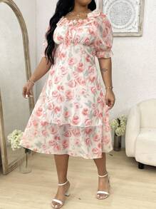 Flirla Rochie dublu strat la modă pentru femei de mărime plus, cu decolteu din dantelă, imprimeu floral și mâneci bufante - Multicolor - Vizualizare 3