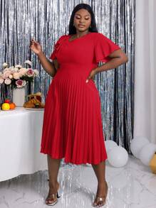 Plus Size Women Asymmetric Neckline Elegant Ruffle Sleeve A-Line Dress, Suitable For Commute, Graduation Ceremony, Church Service, Graduation Gown - Red - View 6