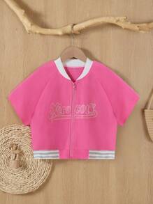 SHEIN Cô gái Tween Khối màu Lá thư In Tay Raglan Áo khoác - Màu Hồng Tươi - Xem 1