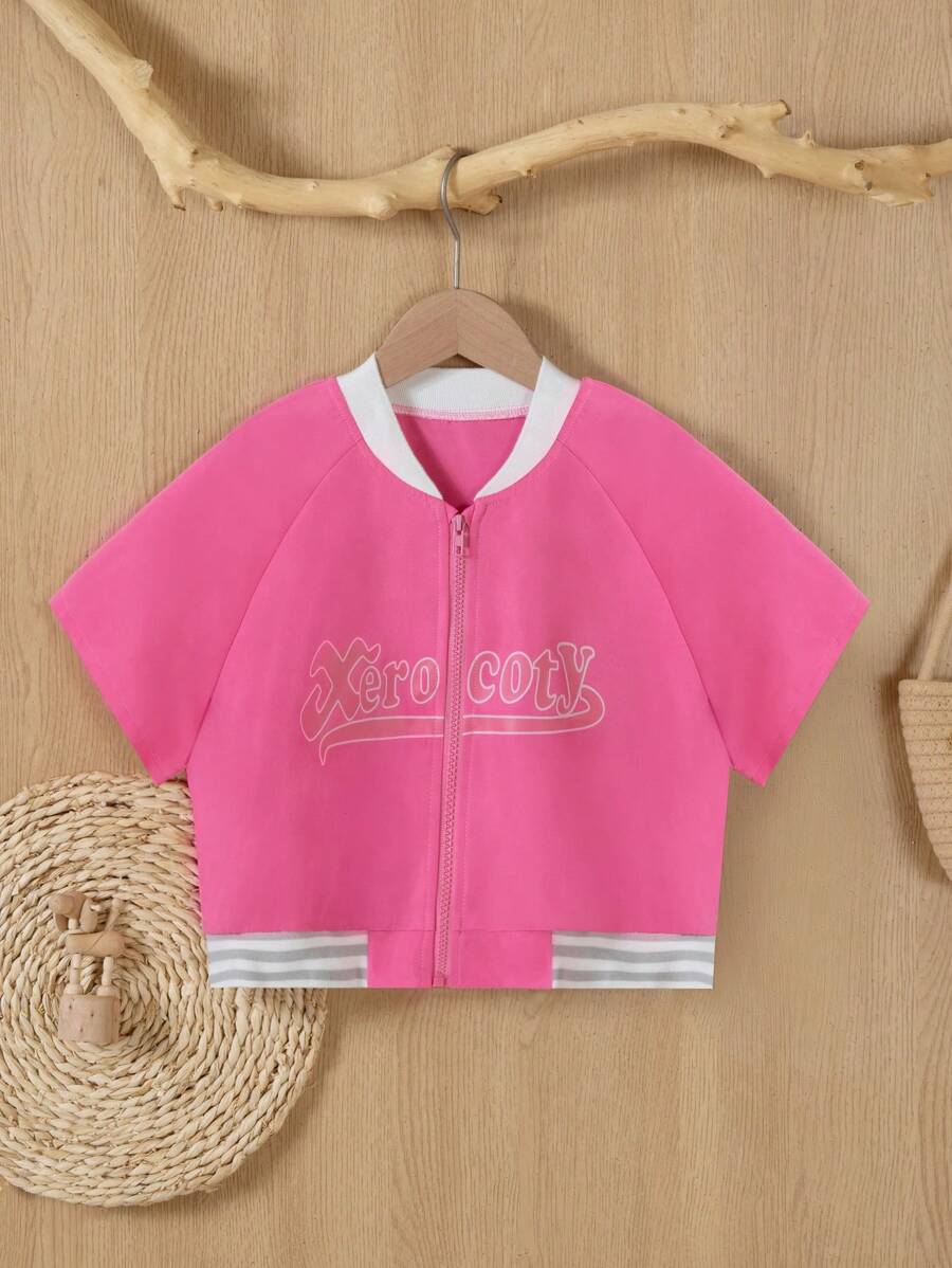 SHEIN Cô gái Tween Khối màu Lá thư In Tay Raglan Áo khoác - Màu Hồng Tươi - Xem 1