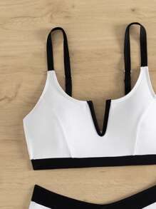 SHEIN Swim 拼色分体比基尼套装 夏日海滩 - 黑與白 - 查看 7