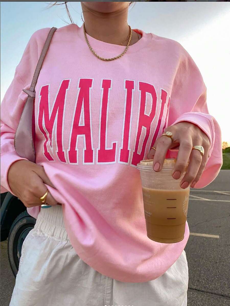 INAWLY Letter Graphic Drop Shoulder Sweatshirt - Pink - View 1