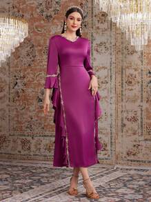 Modelyn Ladies' Gorgeous & Elegant Flared Cuff Bell-Sleeve Dress - Rose Red - View 5