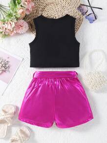 SHEIN 2 件/套少女休閒運動圓領無袖短上衣鬆緊腰帶純色短褲配腰帶,夏季 - 黑色 - 查看 2