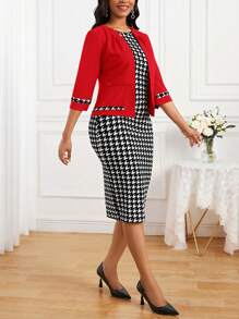 SHEIN Lady Women's Sleeveless Houndstooth Dress And Open Front Jacket Set - Red - View 1