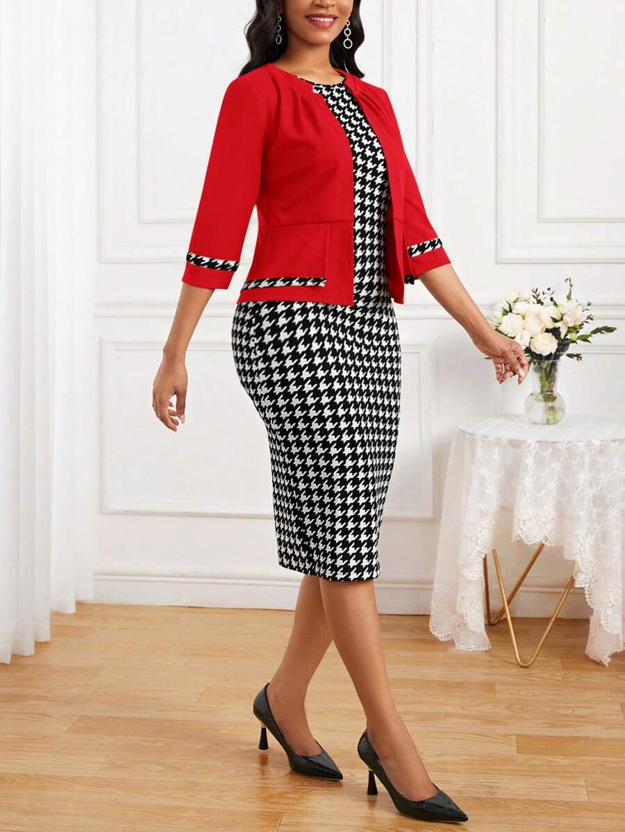 SHEIN Lady Women's Sleeveless Houndstooth Dress And Open Front Jacket Set - Red - View 1
