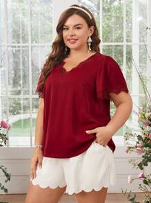 SHEIN Clasi 大尺碼女蕾絲拼接泡泡袖襯衫 - 紅色 - 查看 8