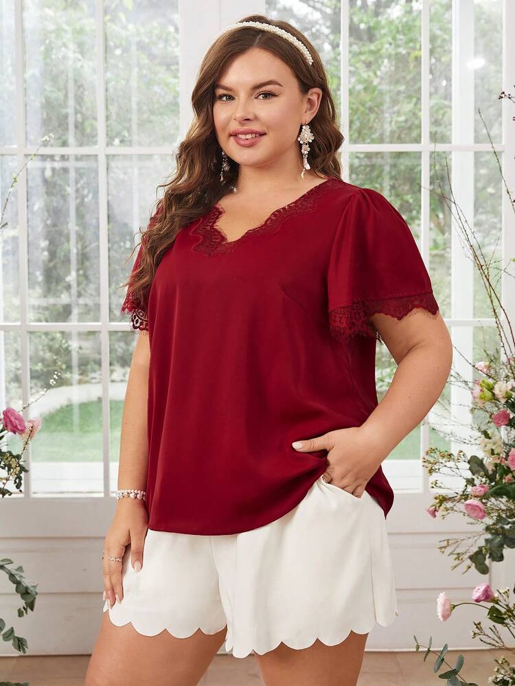 Plus Size Women's Lace Patchwork Puff Sleeve Wedding Red Shirt