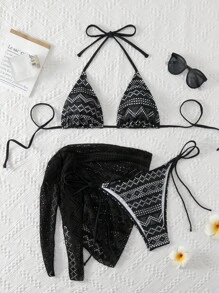 SHEIN Swim Conjunto de bikini de tres piezas con abertura para mujer, para playa de verano - Negro - Ver 5