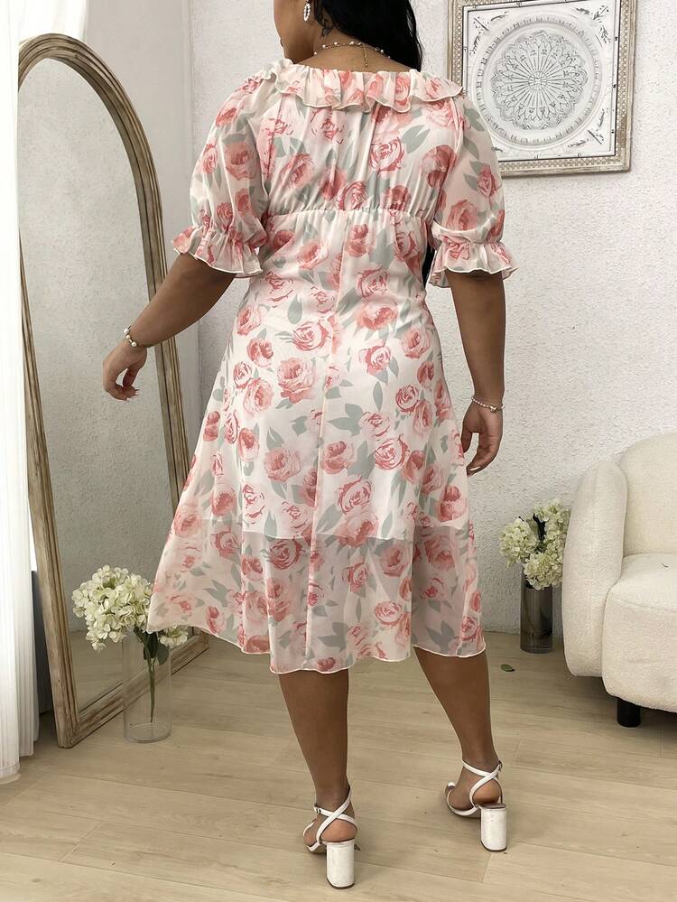 Plus Size Women's Fashionable Double Layer Dress With Lace Neckline, Floral Print And Puff Sleeves