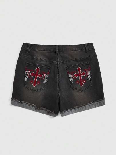 Grunge Punk Short en jean à ourlet plissé avec broderie croix, grande taille, école