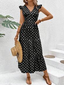 Breezaya All-Over Printed V-Neck Ruffle Armhole Dress