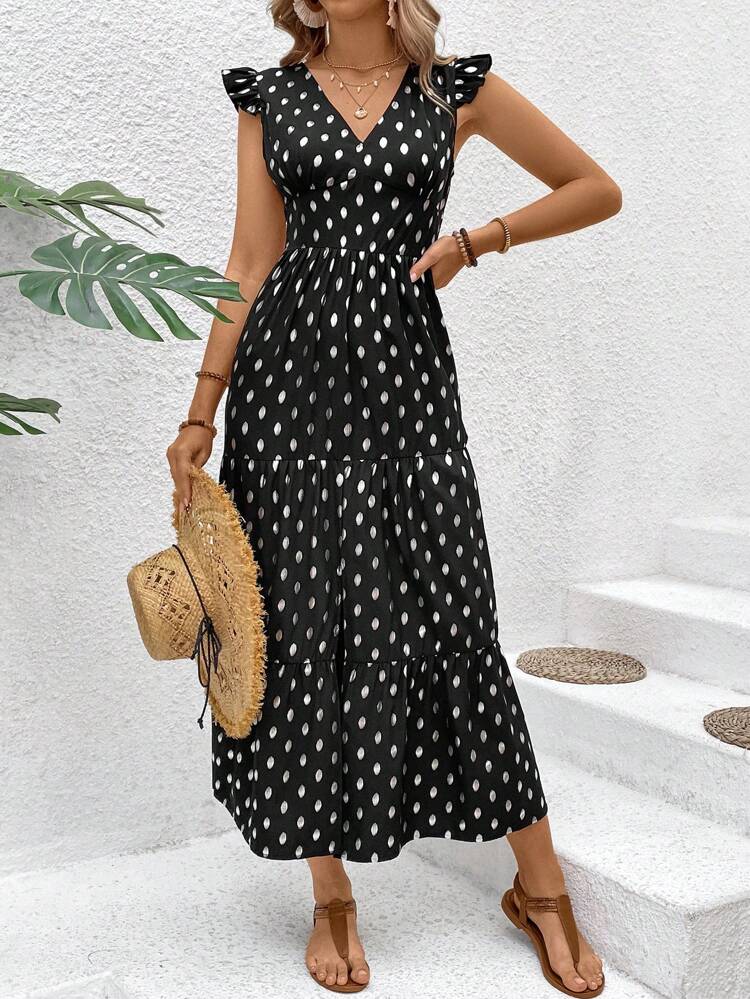 All-Over Printed V-Neck Ruffle Armhole Dress