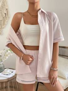 Breezaya Women's Casual Solid Color Two Pieces Outfit With Fishnet Splicing - Apricot - View 5
