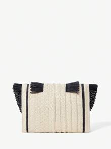 SHEIN SXY Woven Boho Versatile Fashion Color Block Clutch Straw Bag, For Vacation - Black - View 5