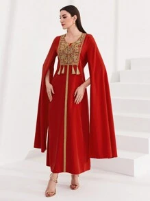 Al Najma Vestido Árabe de manga capa con encaje de contraste para mujer - Rojo - Ver 4