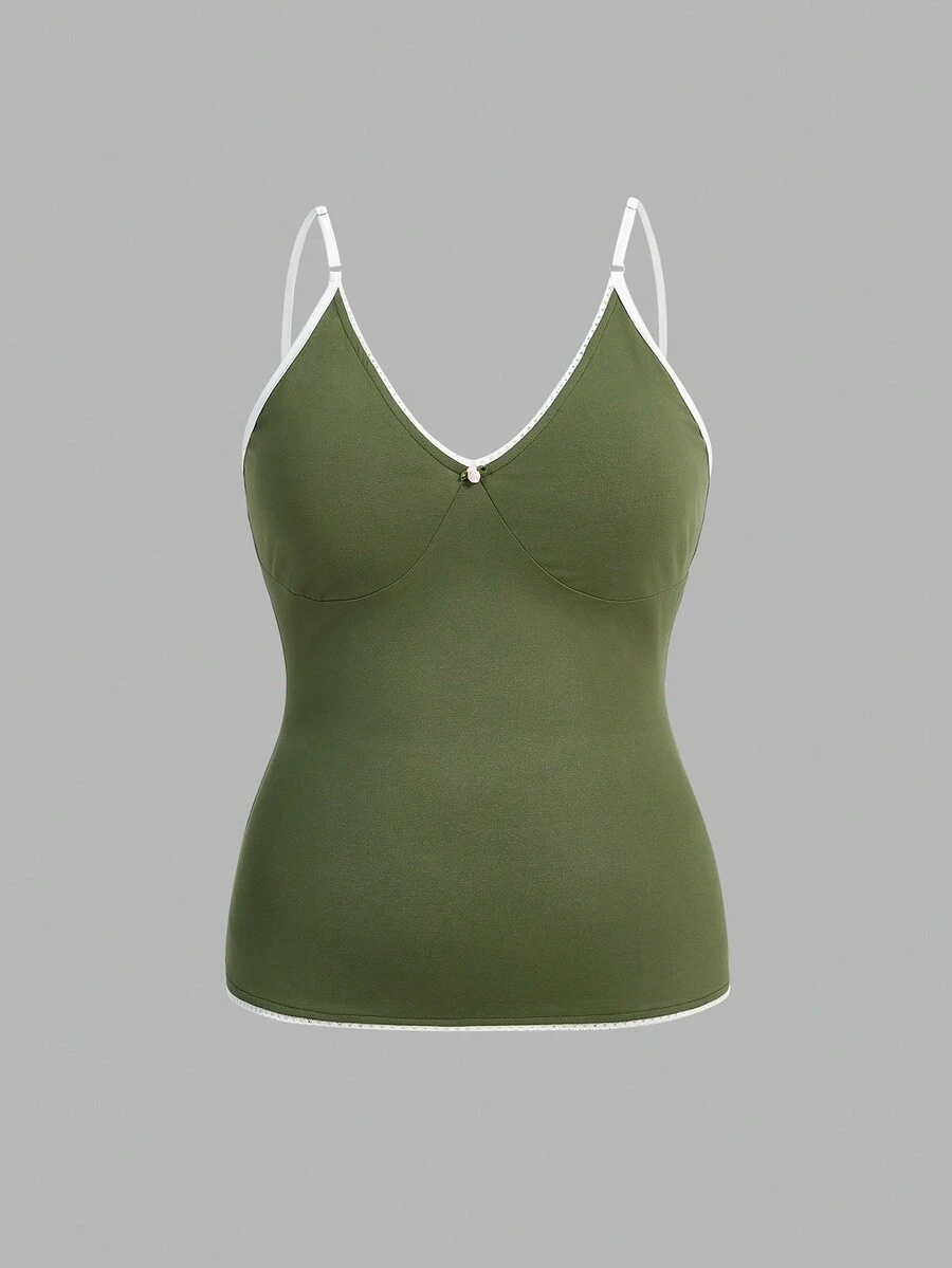 SHEIN MOD Plus Size Women's Cute Color Block Lace Trimmed Camisole Tank Top - Dark Green - View 1