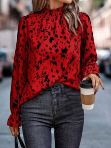 SHEIN LUNE Blusa De Manga Larga Con Volantes Y Estampado Estampado Para Mujer - Rojo - Ver 1