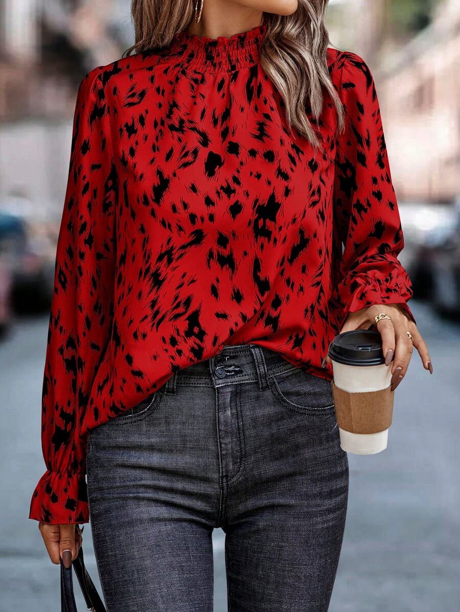 SHEIN LUNE Blusa De Manga Larga Con Volantes Y Estampado Estampado Para Mujer - Rojo - Ver 1