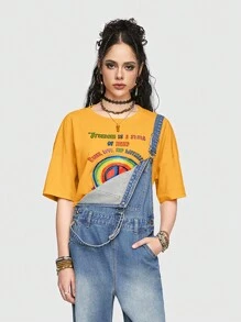 ROMWE Hippie Của phụ nữ Slogan In Vòng cổ Áo thun - Màu vàng - Xem 2