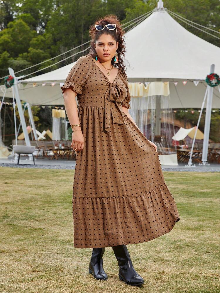 Plus Size Heart Printed Tie Knot Dress