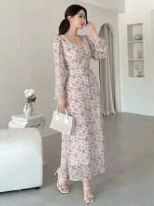 DAZY 女士灯笼袖迷你碎花连衣裙，荷叶边，秋季长袖连衣裙，度假装扮 - 白色 - 查看 7