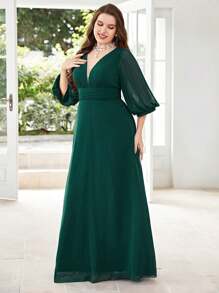 UNITHORSE Plus Size Deep V Neck Long Sleeve Pleated Chiffon Formal Dress - Dark Green - View 7