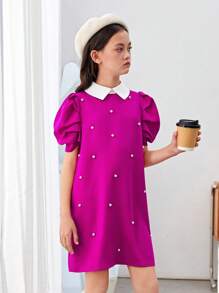 SHEIN Cô gái Tween Thể thao & Mát mẻ Đan Kết cườm Vòng cổ Đầm Đối với Mùa xuân/Mùa hè - Màu Hồng Tươi - Xem 5