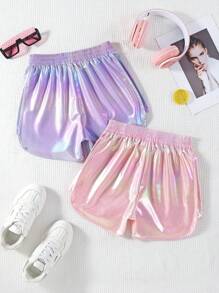 SHEIN Tween Girls' 2pcs Coated Colorful Shorts With Elastic Waistband For Summer