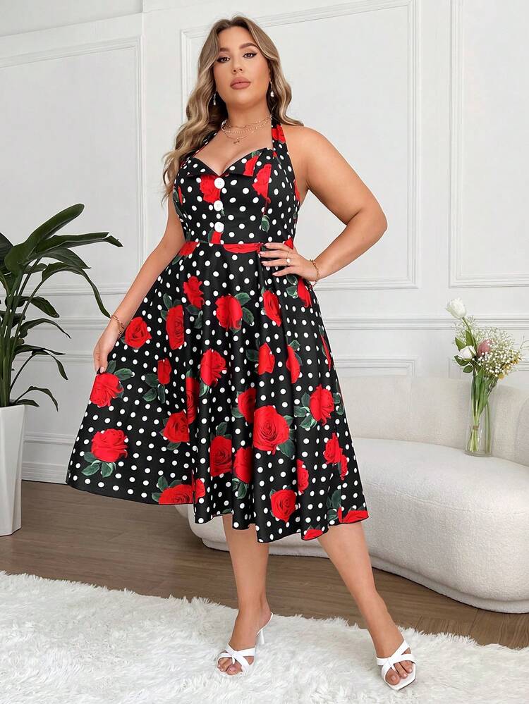 Plus Size Women's Polka Dot & Floral Printed Dress