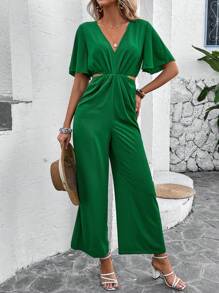 SHEIN VCAY 女士中空腰寬腿連體褲 - 綠色 - 查看 3