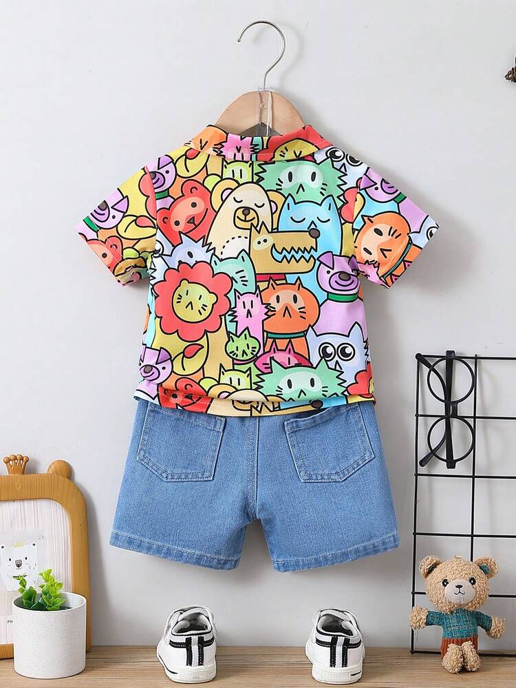 Baby Boy's Stylish And Cute Lion Printed Polo Shirt & Elastic-Waist Medium Blue Washed Ripped Denim Shorts