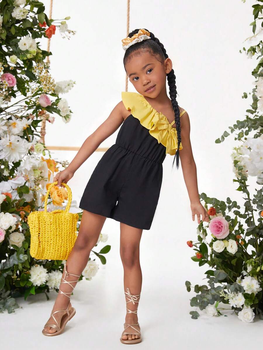 SHEIN Young Girl Dreamy Princess Style Woven Color Block Asymmetric Shoulder Ruffle Edge Romper - Black - View 1