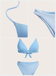 SHEIN Swim 夏季女士纯色泳衣套装音乐节 - 藍色 - 查看 8