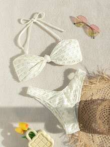 SHEIN Swim 夏季女士纹理吊带比基尼套装 - 米色 - 查看 1