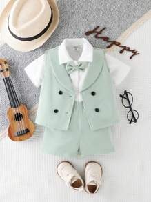Baby Boy's Bowknot Short Sleeve Shirt And Double-Breasted Sleeveless Suit Jacket And Shorts Set - Green - View 1