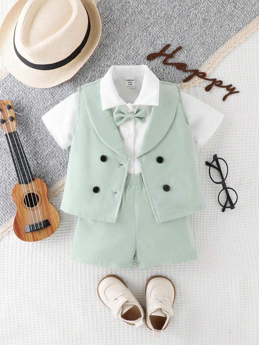 Baby Boy's Bowknot Short Sleeve Shirt And Double-Breasted Sleeveless Suit Jacket And Shorts Set - Green - View 1