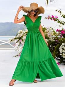 SHEIN VCAY Women's Plain Deep V-Neck Shirred Green Dress - Green - View 1